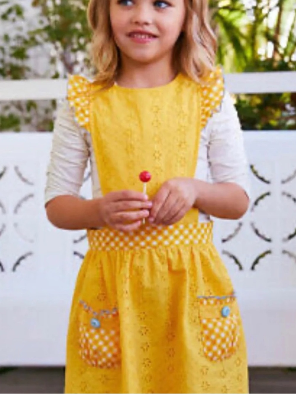 Matilda Jane Yellow Eyelet Pinafore Dress with Gingham Trim